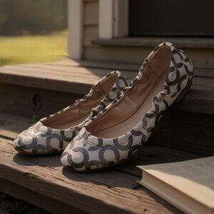 COACH Aly Scrunchy Ballet Flats 6 Signature C Logo Brocade Jacquard Gray Silver